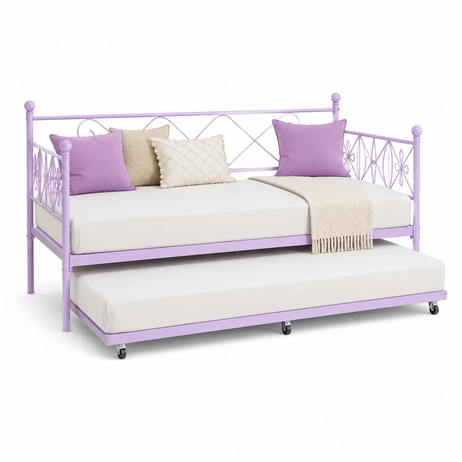 Metall Tagesbett mit Ausziehbett und Kissen Lila 90x200 cm