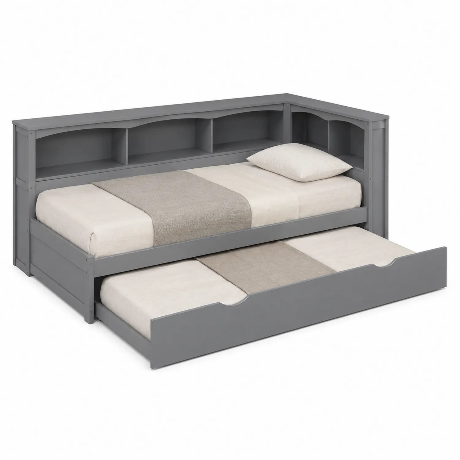 Graues Holz-Etagenbett mit Ausziehbett und Regal