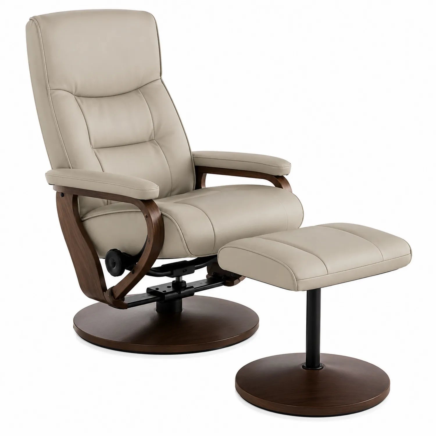 Leder Relaxsessel mit Hocker Hellbeige und Holzrahmen