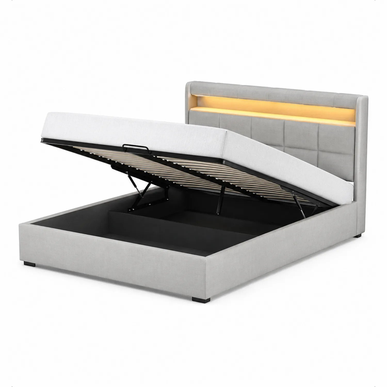 Stoffpolsterbett mit Stauraum und LED-Licht Hellgrau 200x160 cm