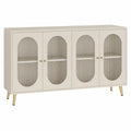 Beiges Sideboard mit gerillten Glastüren, Holzstruktur und Metallfüßen