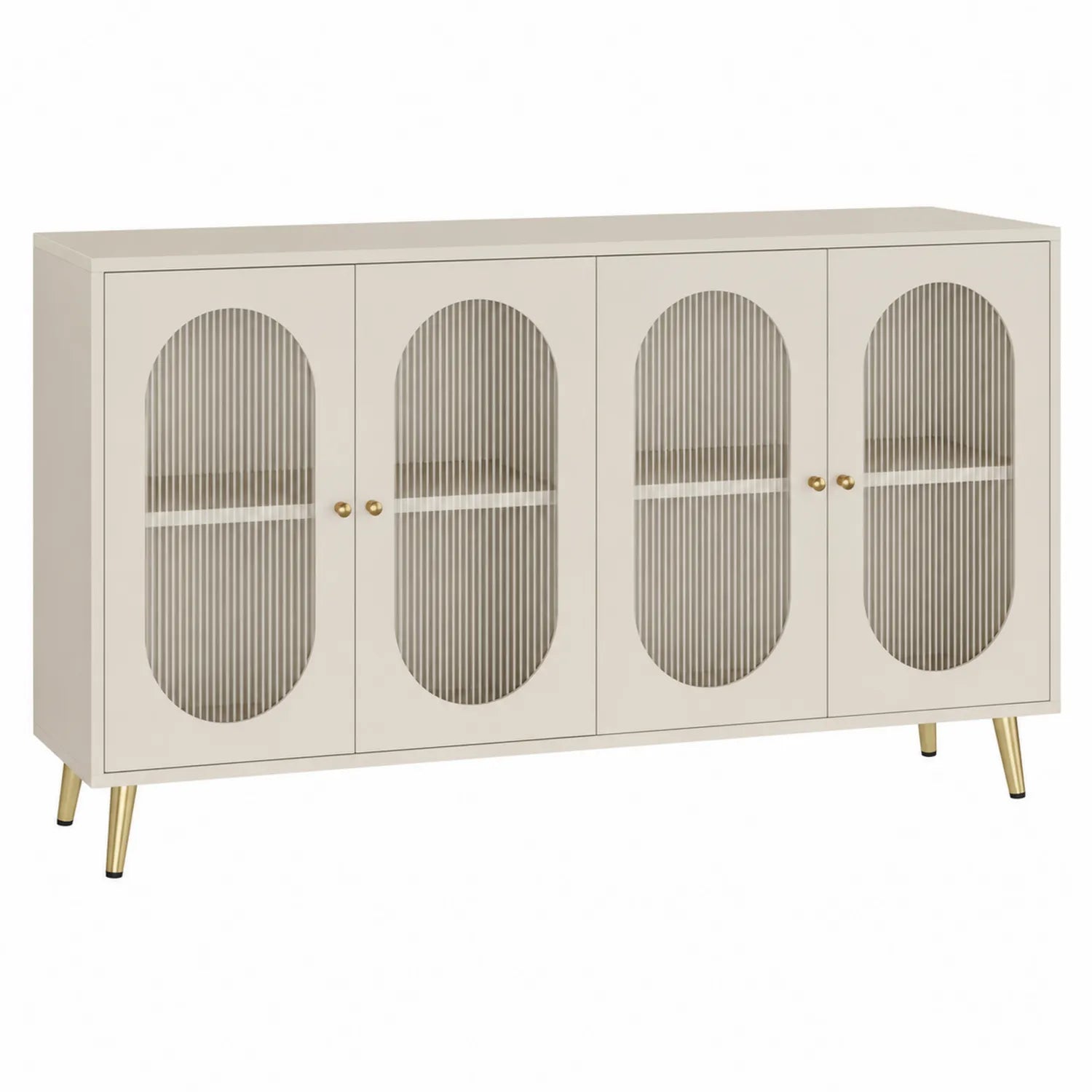 Beiges Sideboard mit gerillten Glastüren, Holzstruktur und Metallfüßen